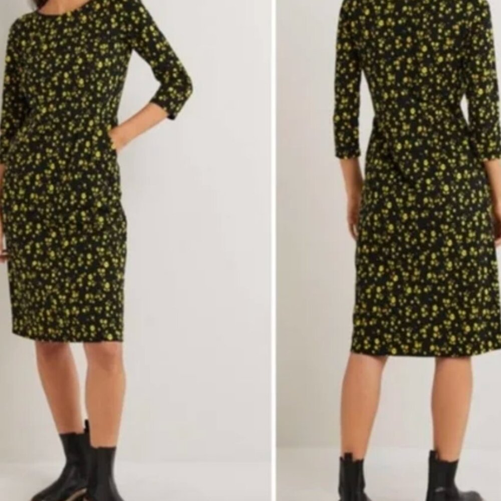 Boden British Style Penny Sheath Dress Size 6L 6 Long Black Yellow Floral